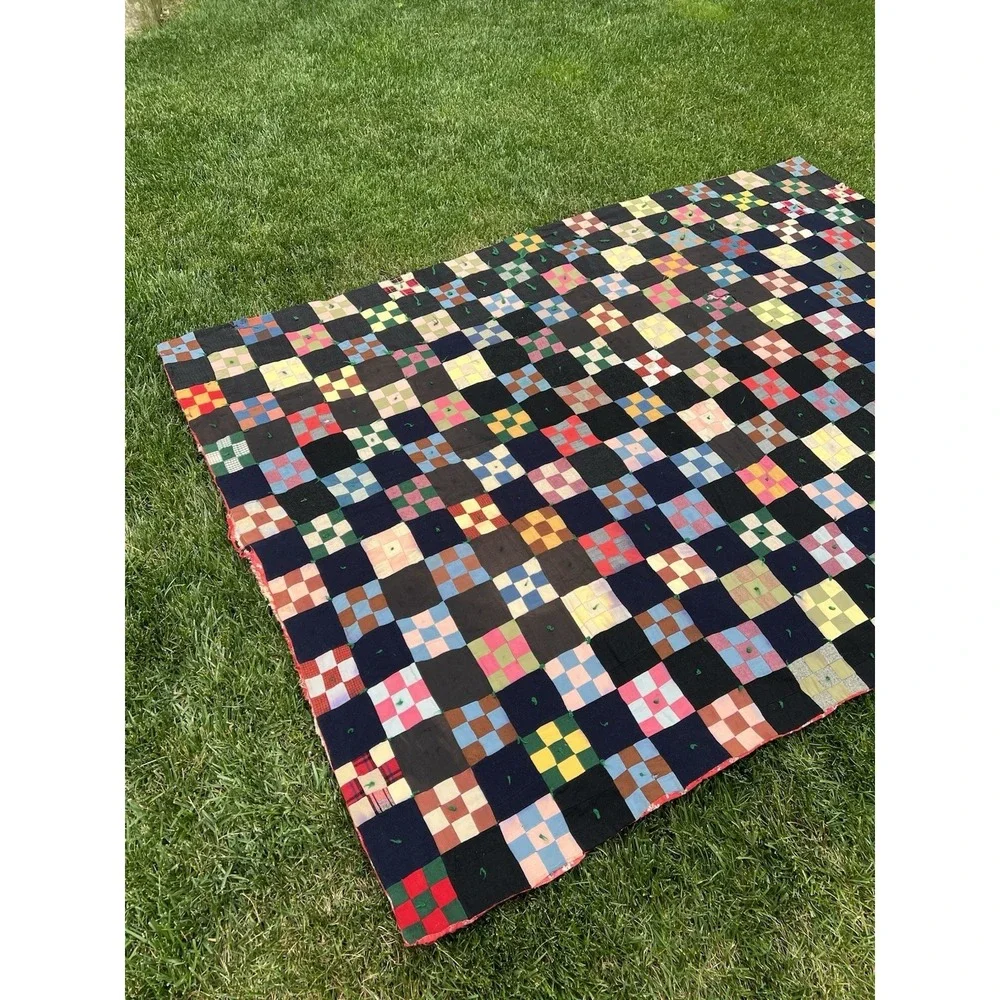 Vintage Hand Stitched Tied Nine Patch Quilt 86